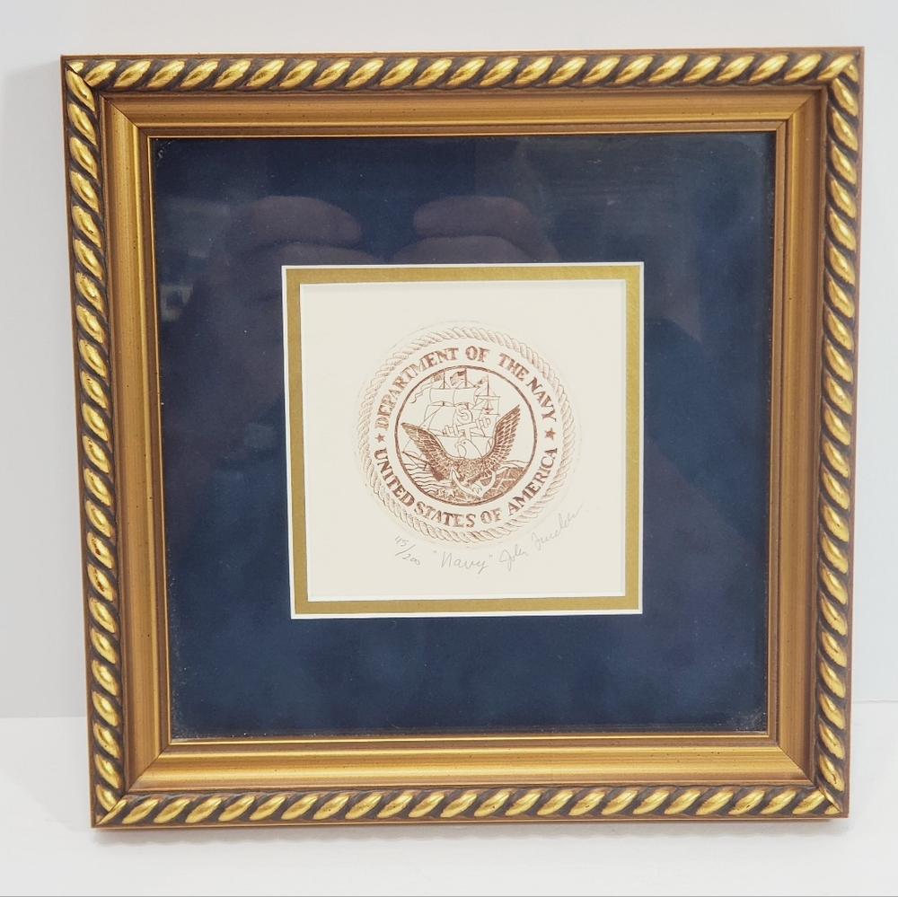 Original Etching Print By John Furches "NAVY" 45/100 3.5x3.5" in 8x8" Frame
